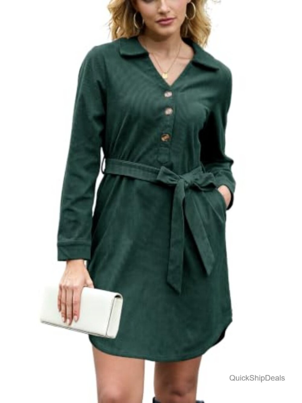Women's Long Sleeve Corduroy Shirt Dress with Tie Waist, Pockets, V-Neck